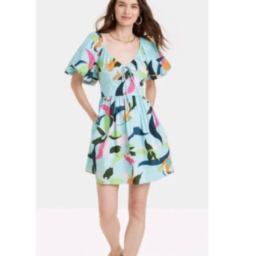 A New Day blue Floral Puff Sleeve Mini Dress pockets